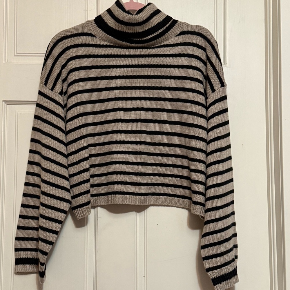 Cute Striped Turtleneck Sweater - Black and Tan